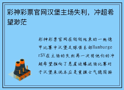 彩神彩票官网汉堡主场失利，冲超希望渺茫