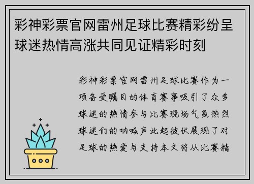 彩神彩票官网雷州足球比赛精彩纷呈球迷热情高涨共同见证精彩时刻